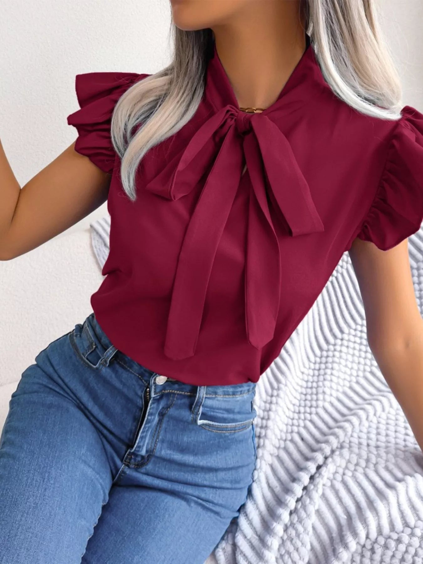 Bow Tie Ruffle Sleeve Blouse - MegaSuperStar