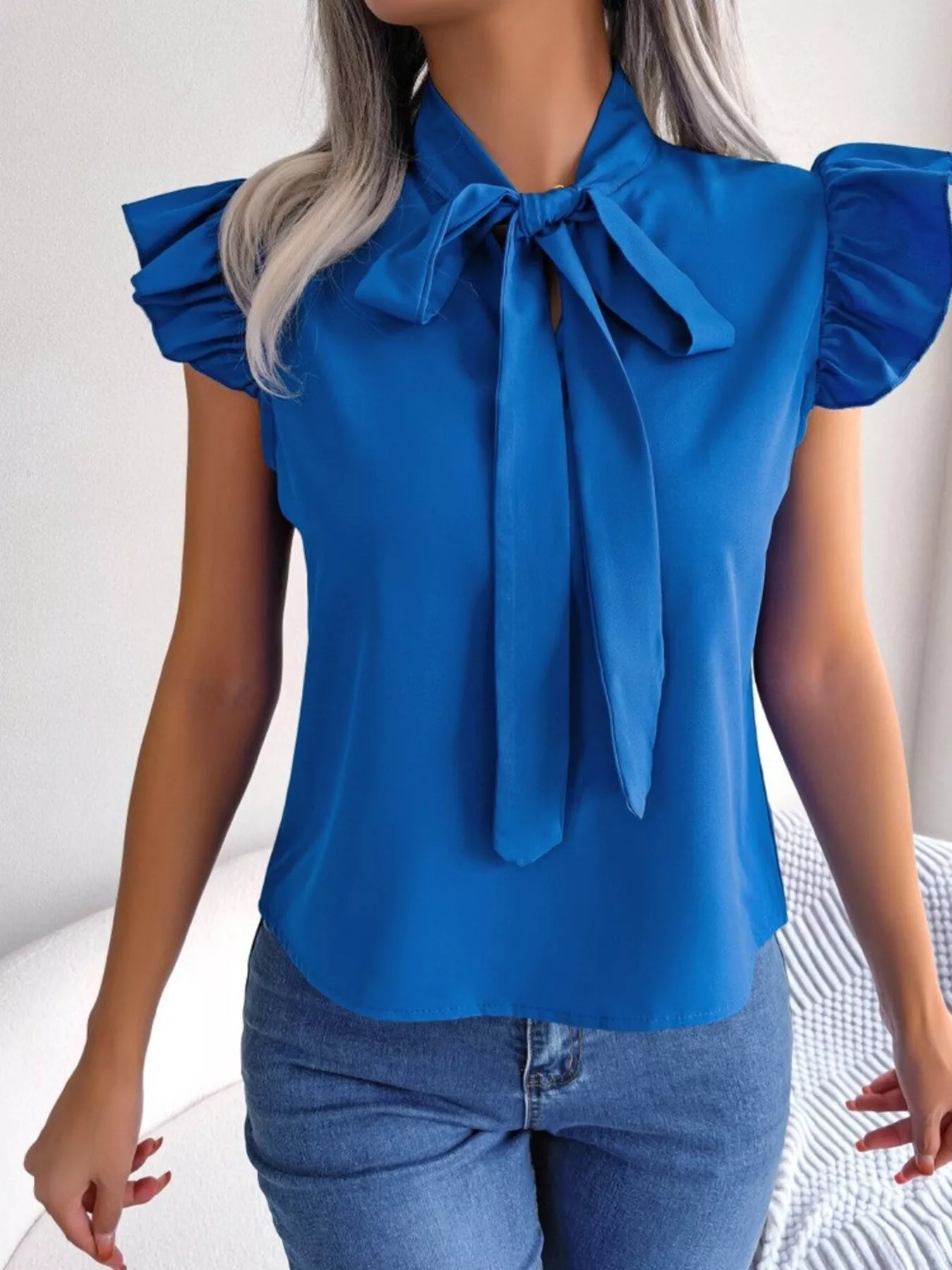 Bow Tie Ruffle Sleeve Blouse - MegaSuperStar