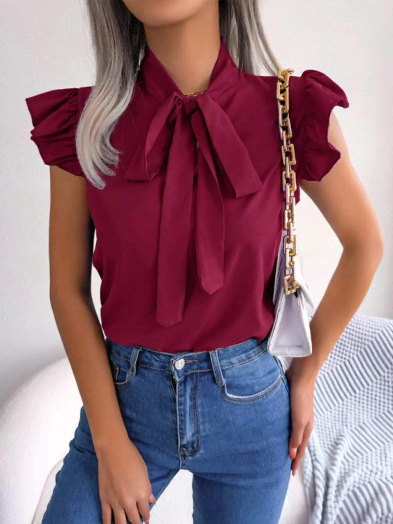 Bow Tie Ruffle Sleeve Blouse - MegaSuperStar