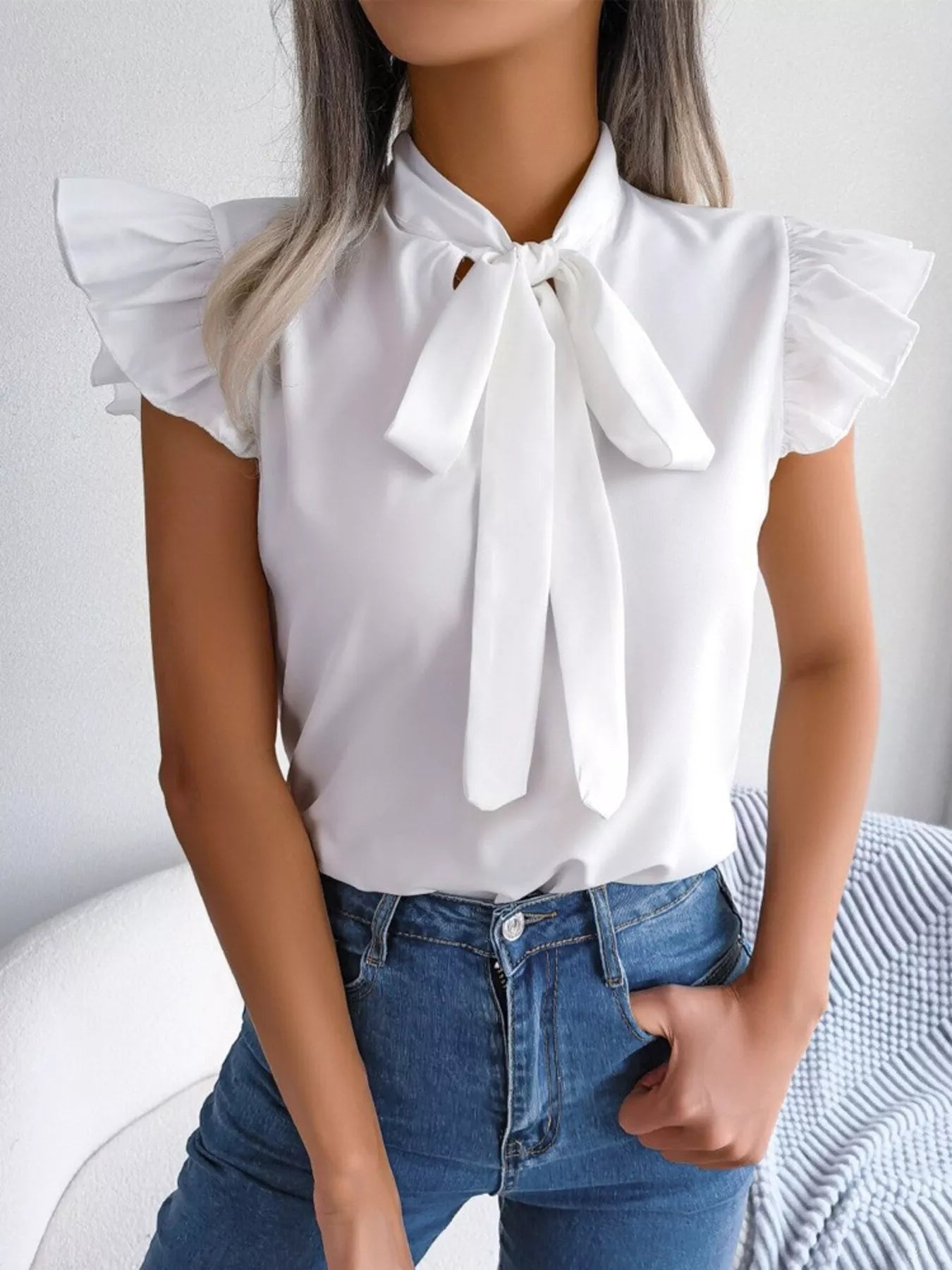 Bow Tie Ruffle Sleeve Blouse - MegaSuperStar