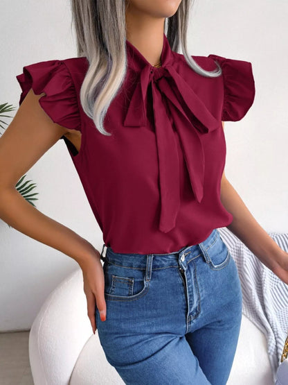 Bow Tie Ruffle Sleeve Blouse - MegaSuperStar