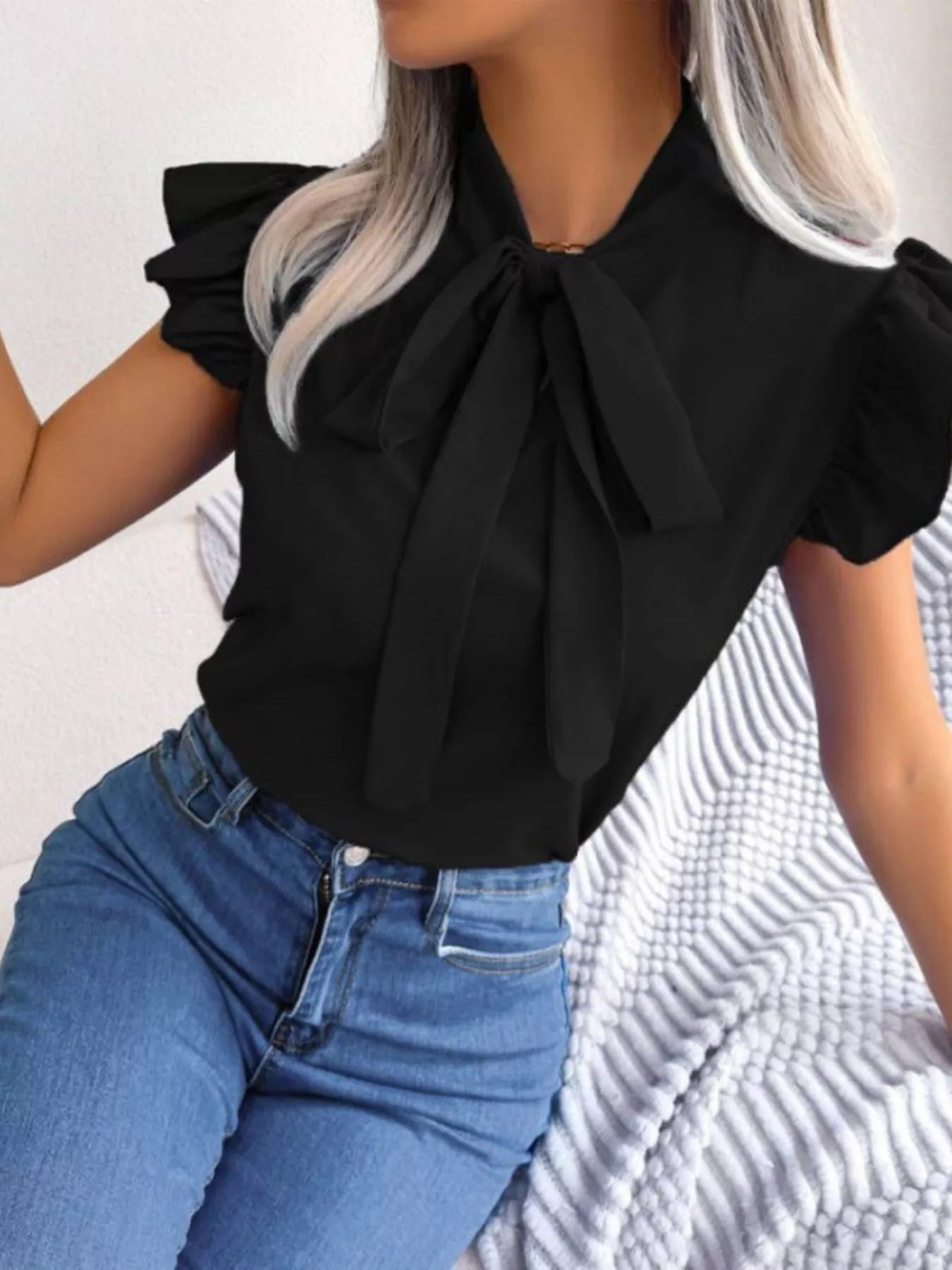 Bow Tie Ruffle Sleeve Blouse - MegaSuperStar