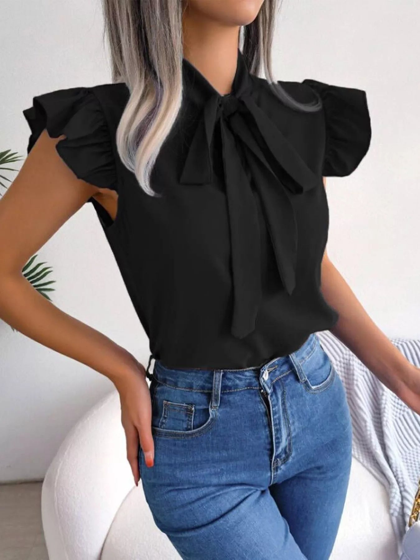 Bow Tie Ruffle Sleeve Blouse - MegaSuperStar