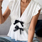 Bow V - Neck Blouse with Cap Sleeves for Effortless Style - MegaSuperStar