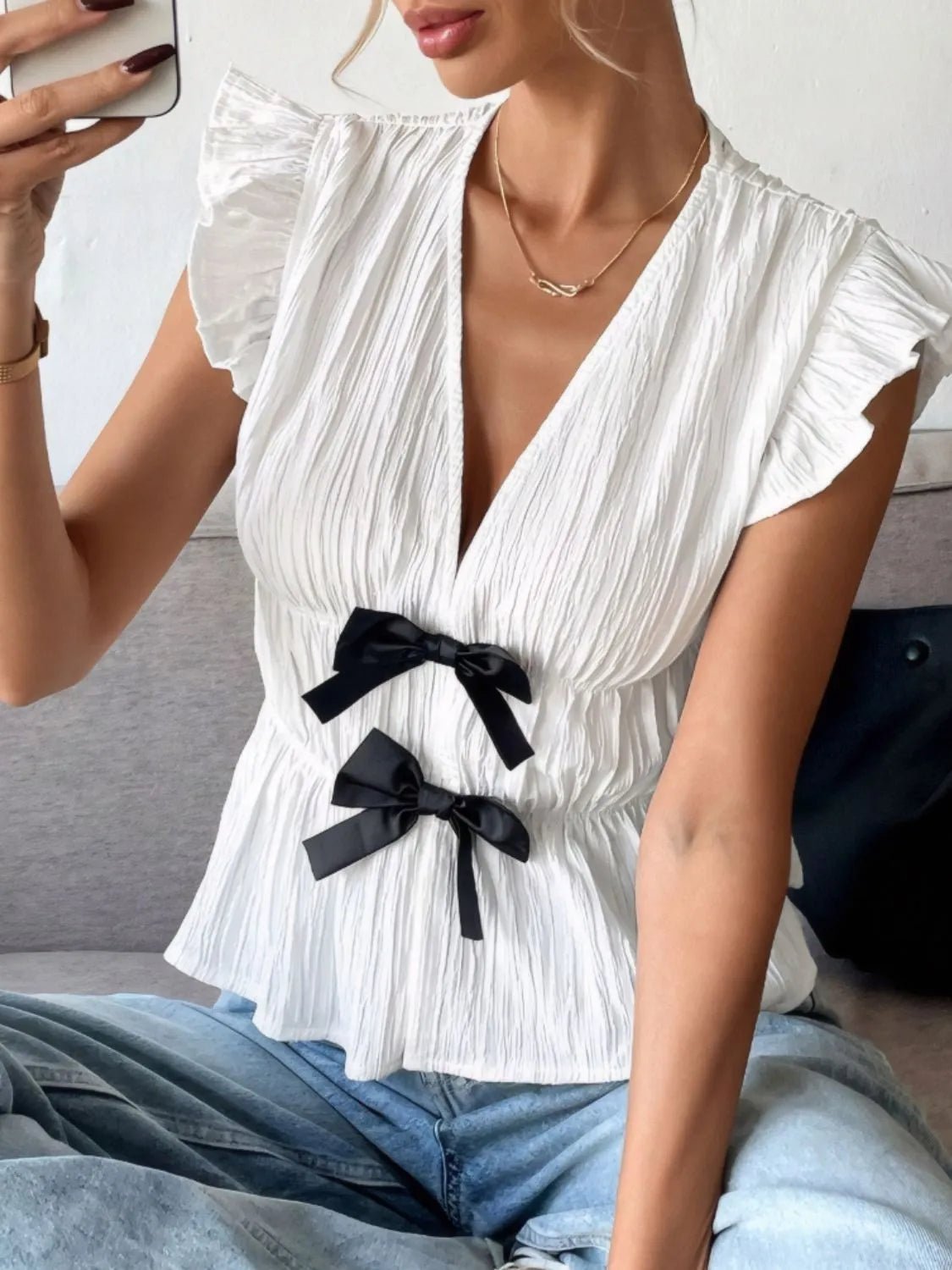 Bow V - Neck Blouse with Cap Sleeves for Effortless Style - MegaSuperStar
