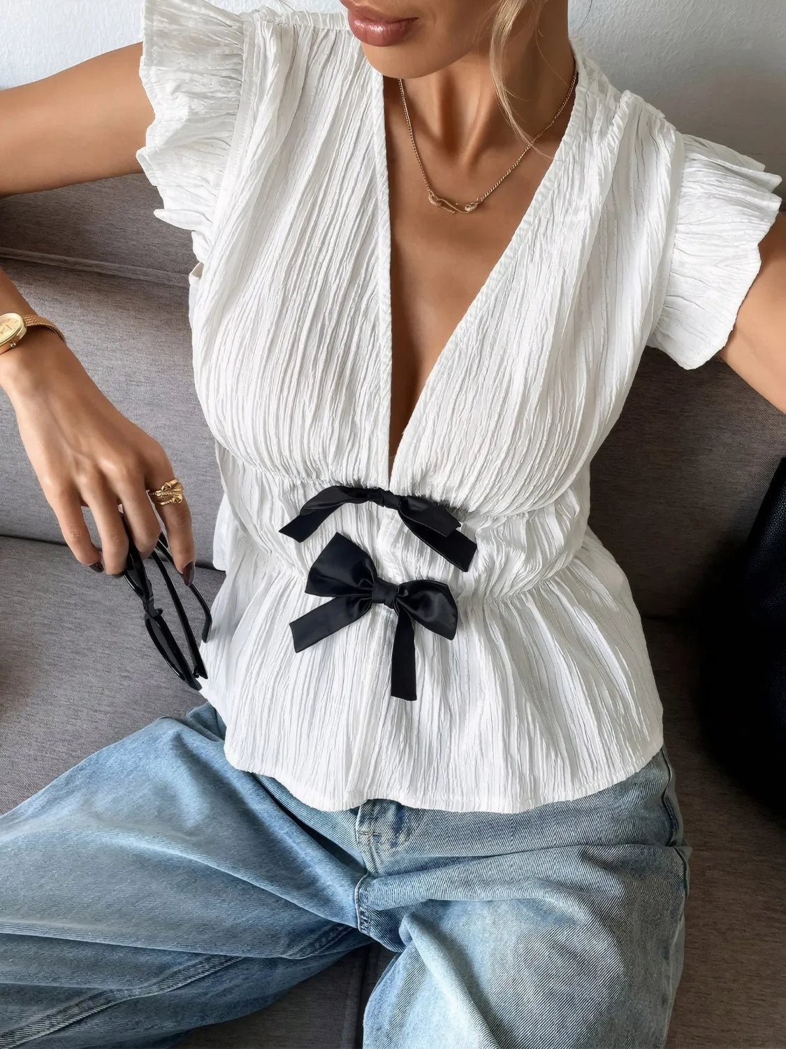 Bow V - Neck Blouse with Cap Sleeves for Effortless Style - MegaSuperStar