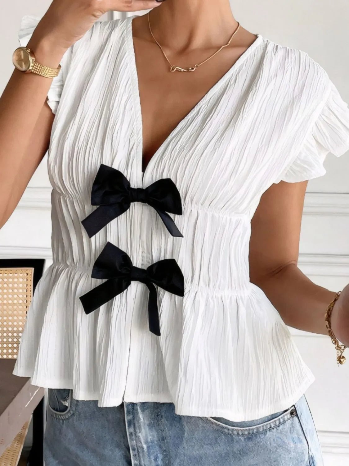 Bow V - Neck Blouse with Cap Sleeves for Effortless Style - MegaSuperStar