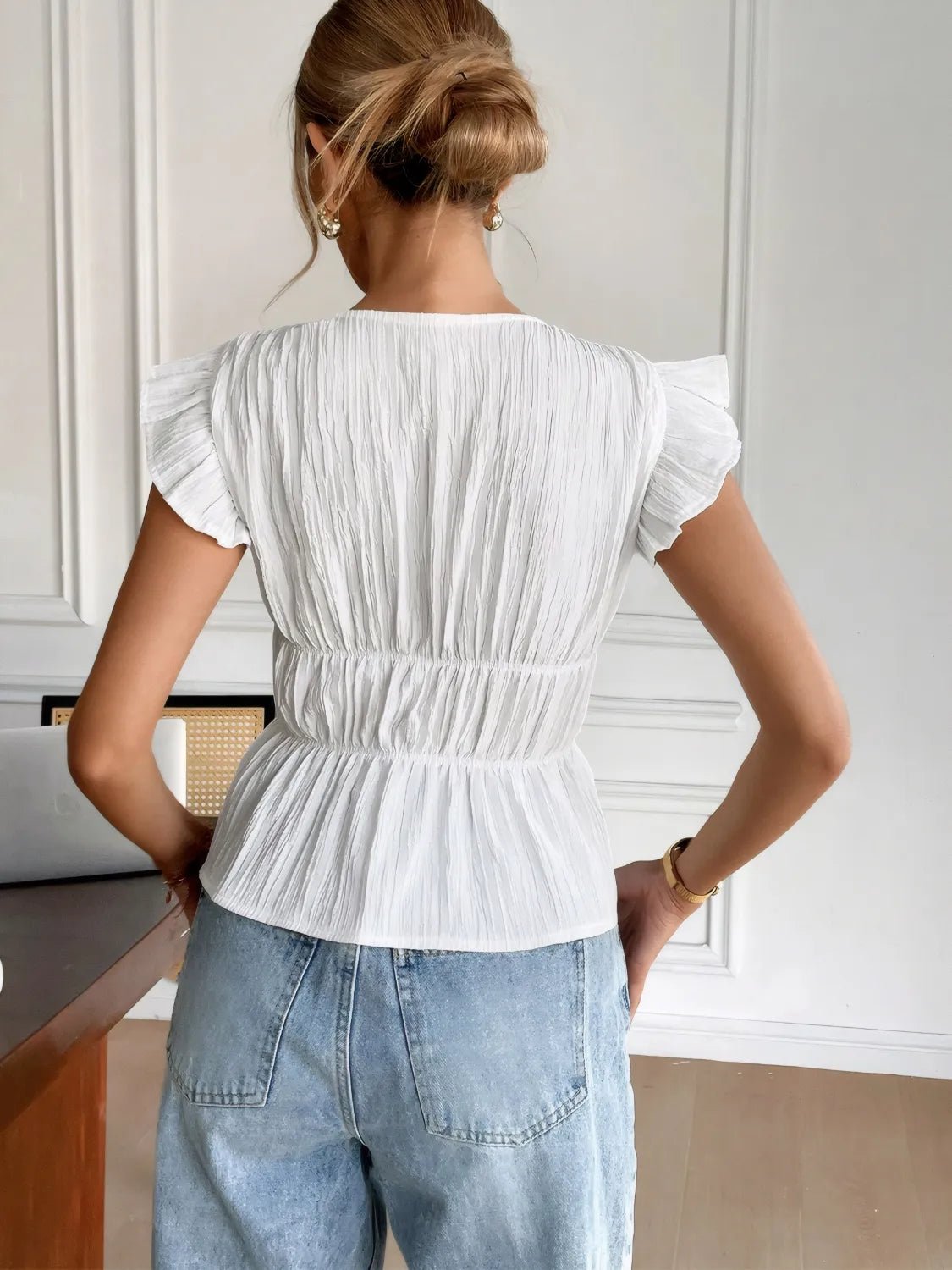 Bow V - Neck Blouse with Cap Sleeves for Effortless Style - MegaSuperStar