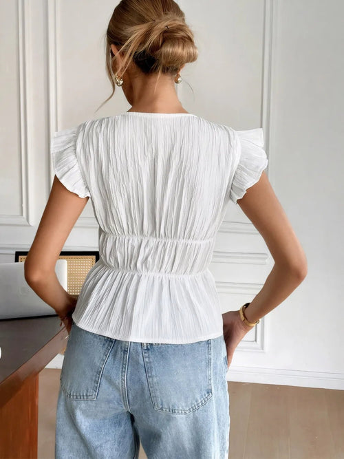 Customer styling Bow V-Neck Blouse with Cap Sleeves for Effortless Style