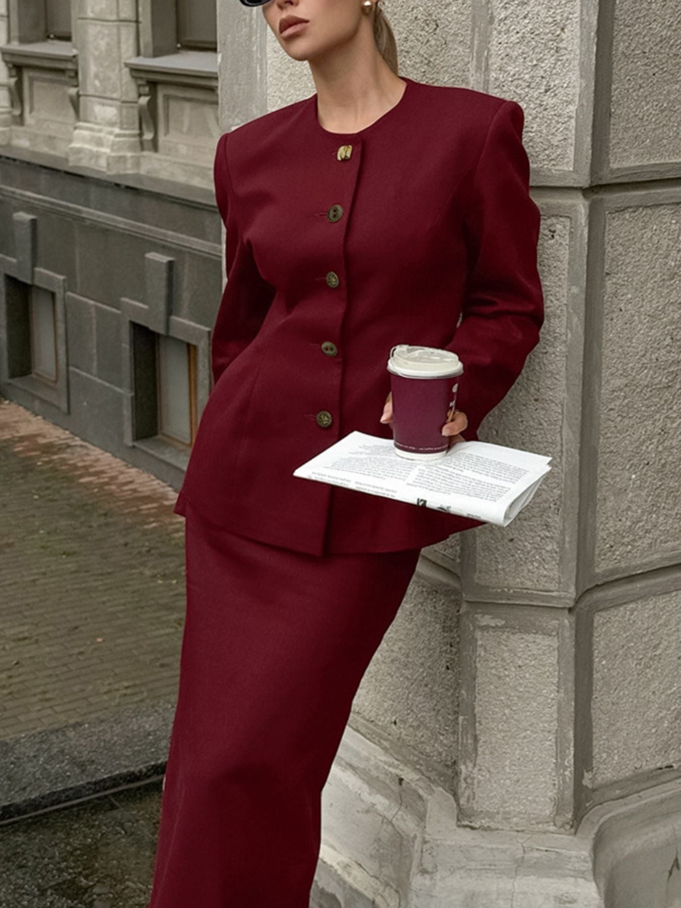 Button Up Peplum Blazer & Skirt Set - MegaSuperStar