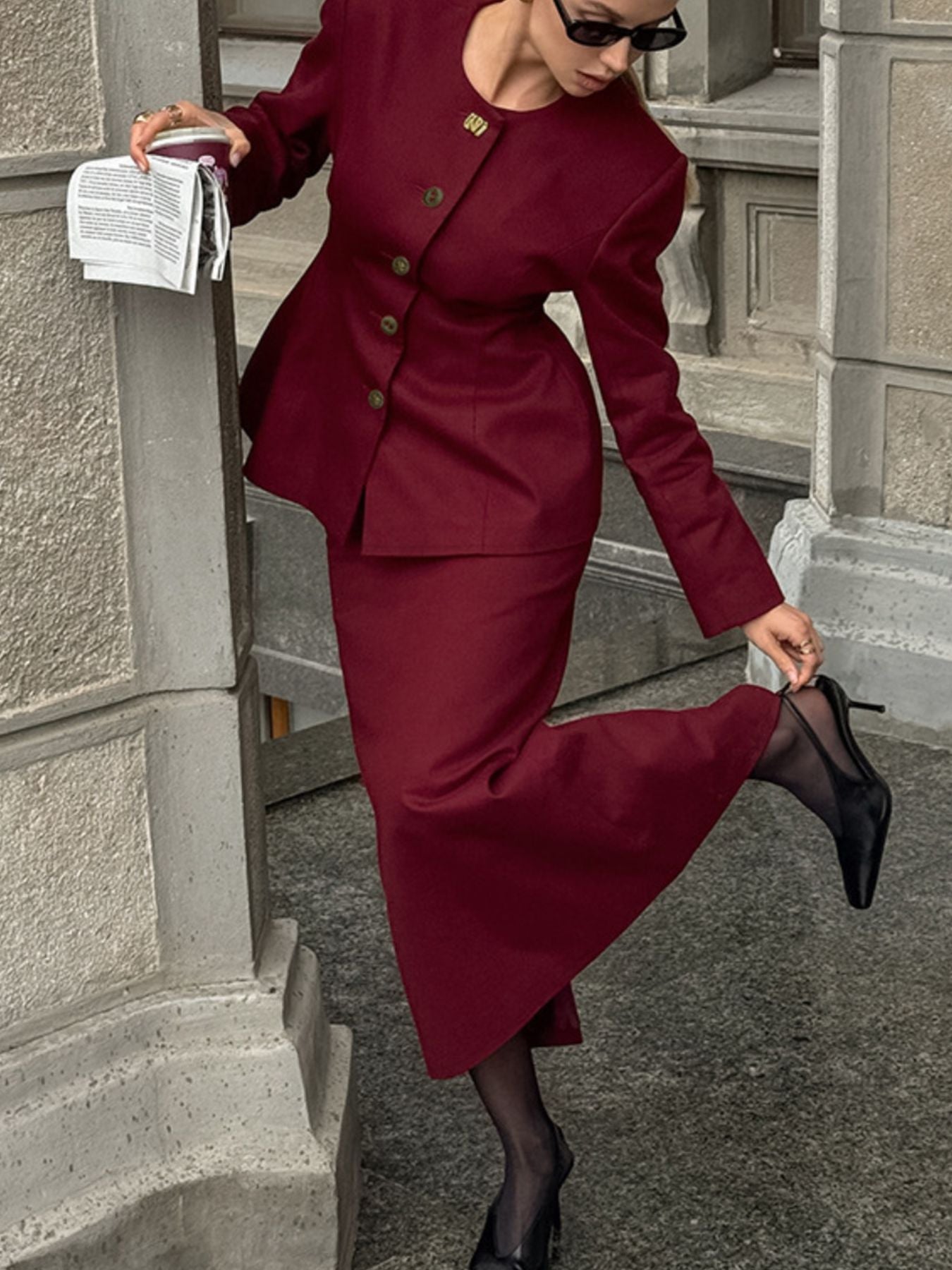 Button Up Peplum Blazer & Skirt Set - MegaSuperStar