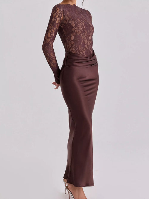 Customer styling Long-Sleeve Lace and Satin Patchwork Maxi Dress