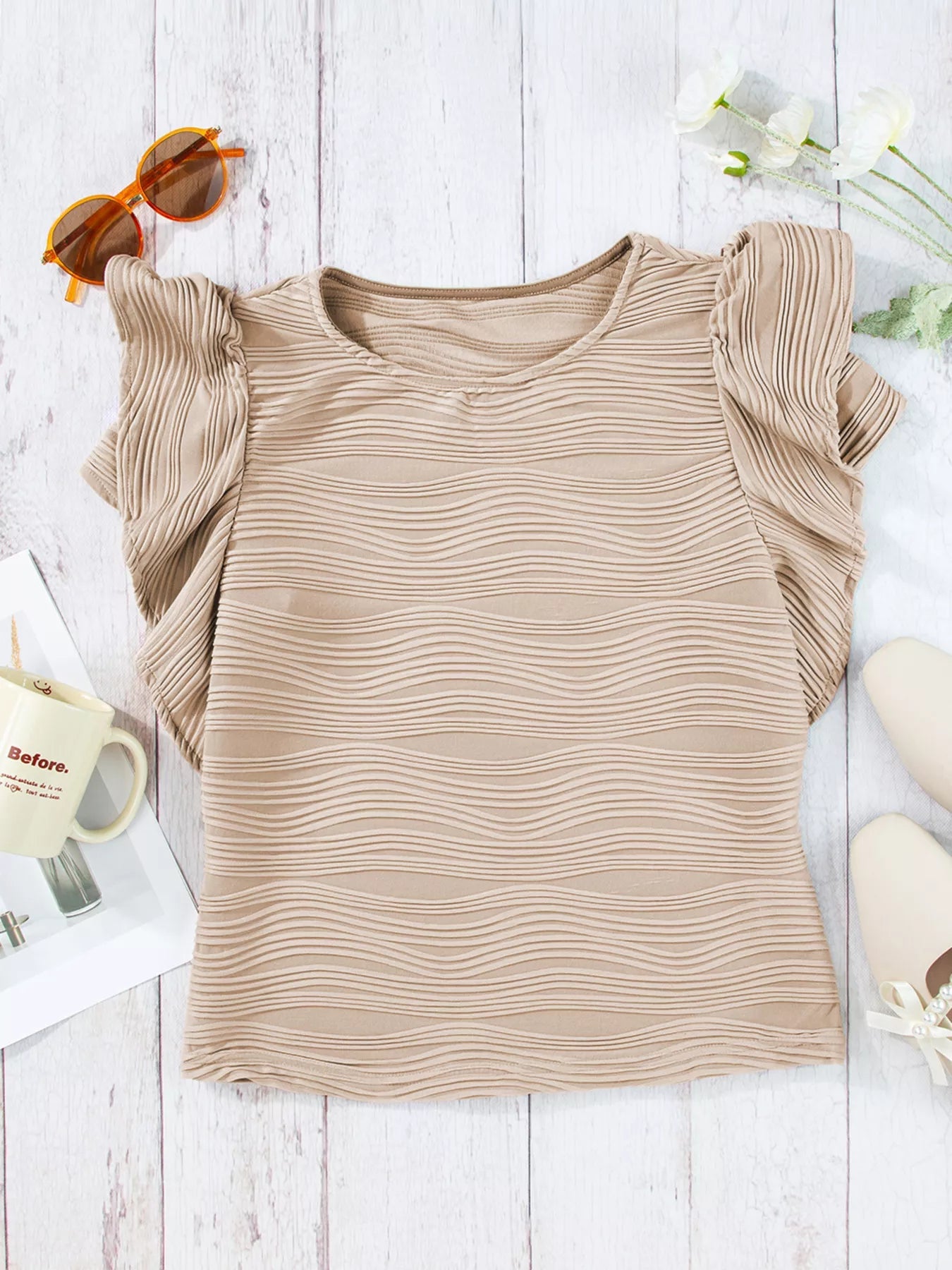 Casual Wavy Textured Ruffle Sleeve Top - MegaSuperStar