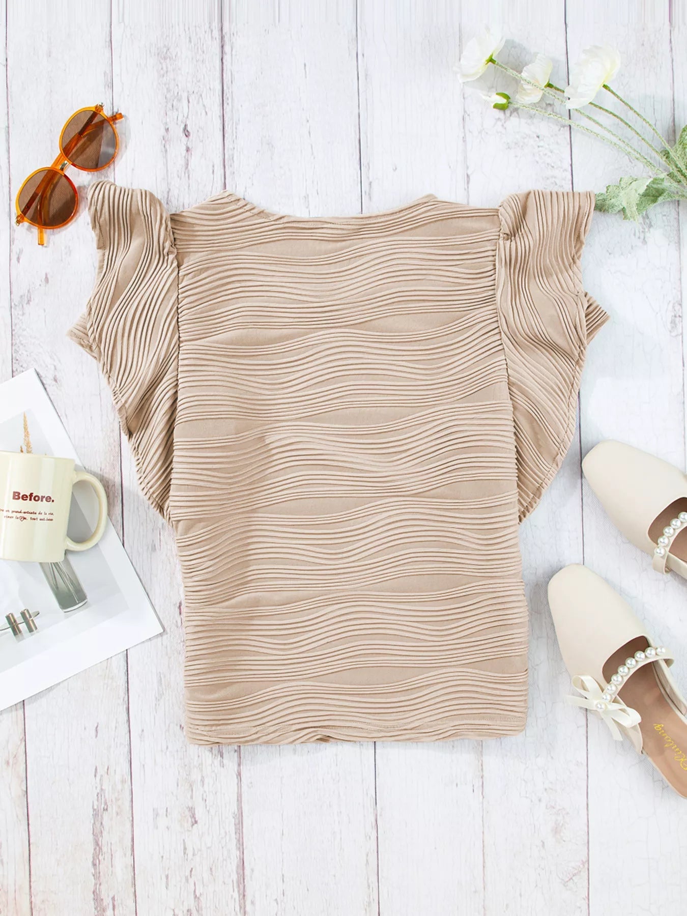 Casual Wavy Textured Ruffle Sleeve Top - MegaSuperStar
