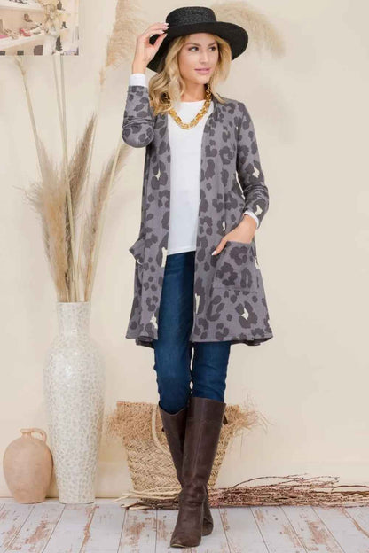 Celeste Full Size Leopard Print Cardigan - Open Front Contrast Design - MegaSuperStar