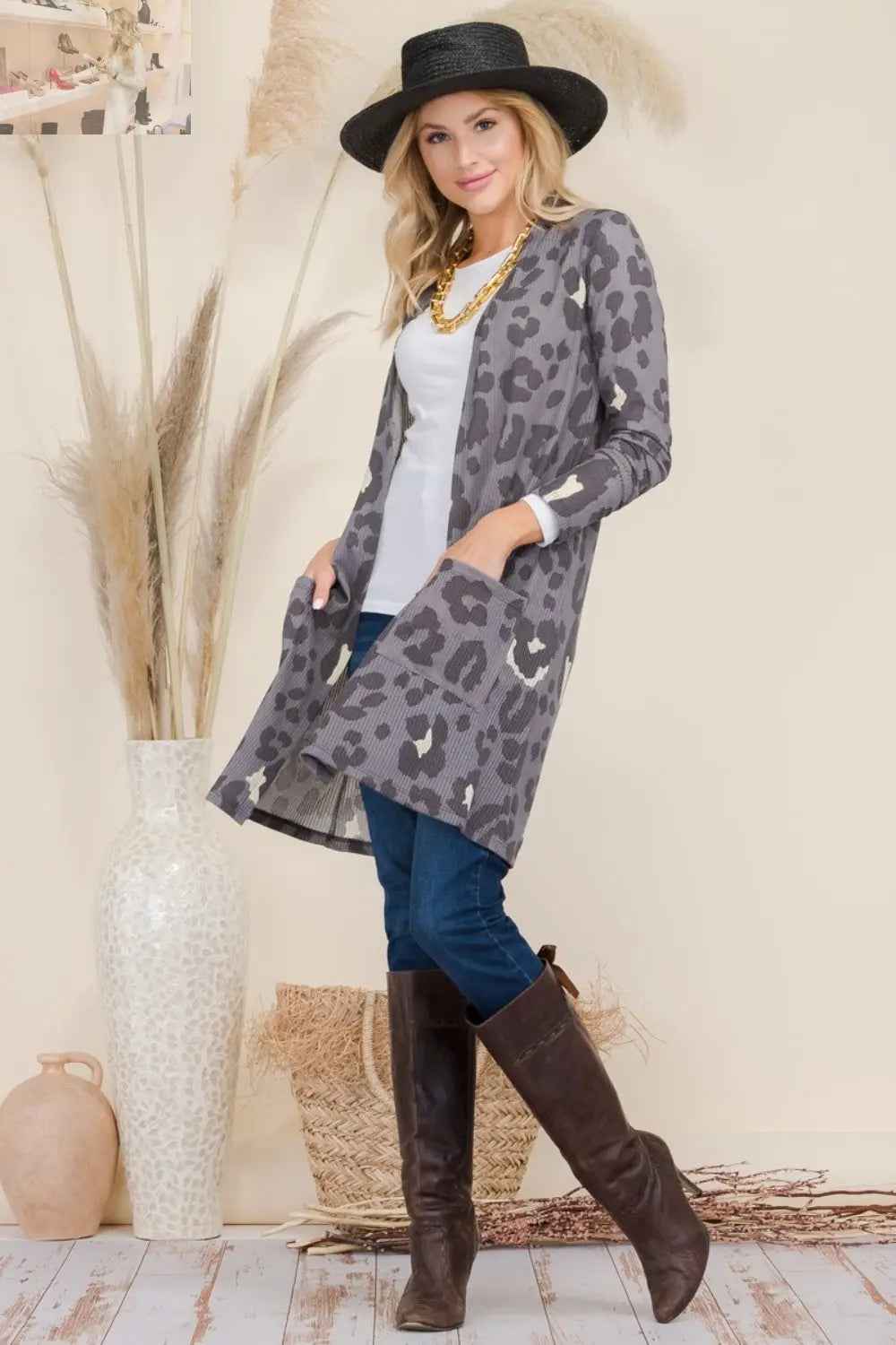 Celeste Full Size Leopard Print Cardigan - Open Front Contrast Design - MegaSuperStar