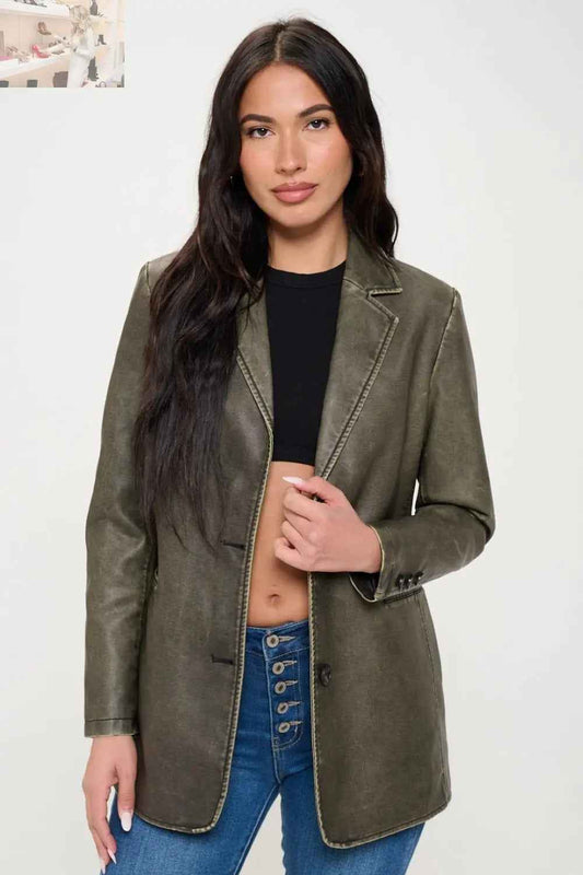 Coalition LA Single - Breasted Vegan Leather Blazer - MegaSuperStar