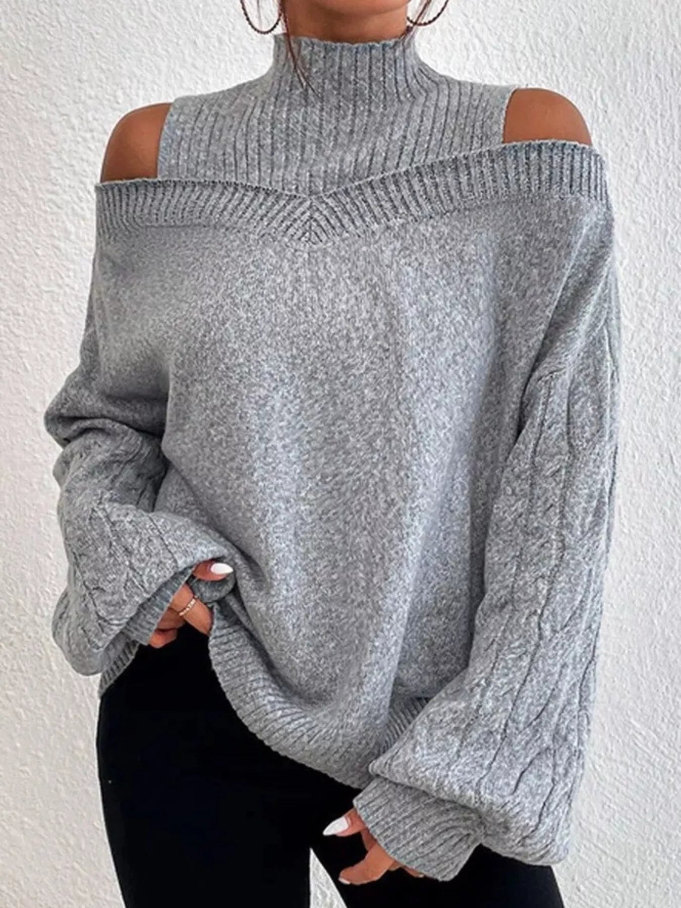 Cold Shoulder Turtleneck Sweater - MegaSuperStar