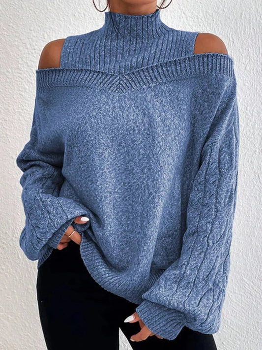 Cold Shoulder Turtleneck Sweater - MegaSuperStar