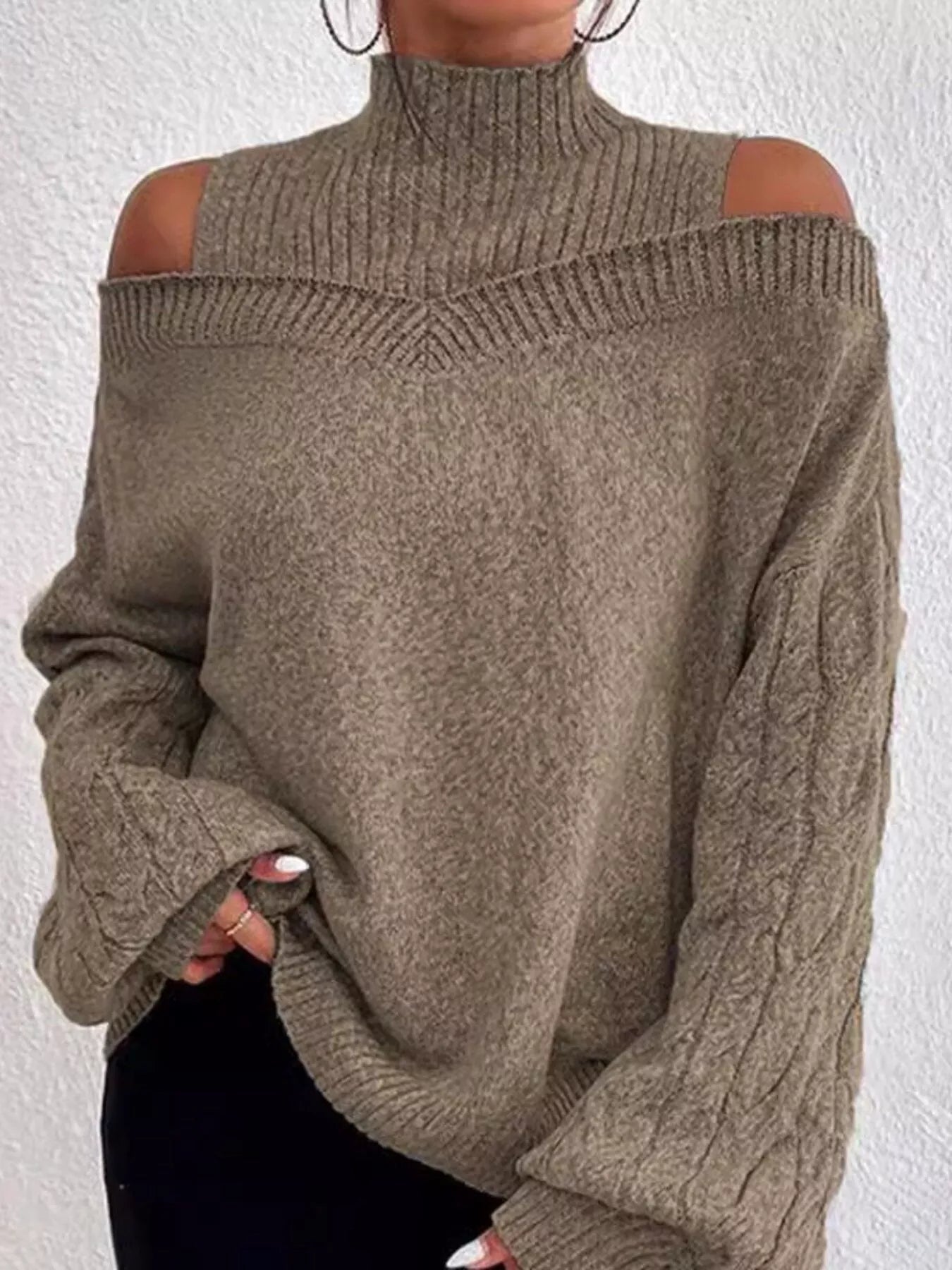Cold Shoulder Turtleneck Sweater - MegaSuperStar