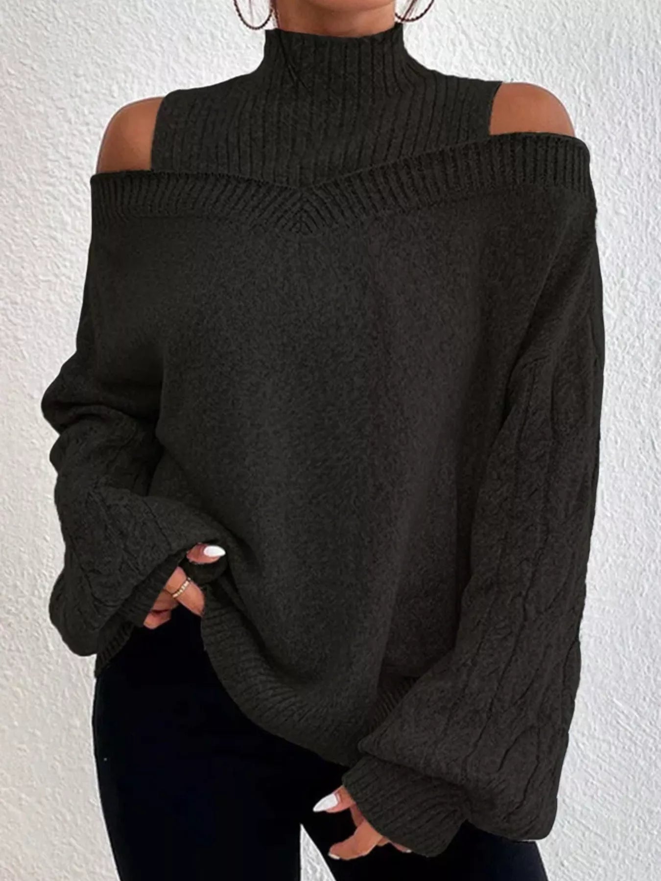 Cold Shoulder Turtleneck Sweater - MegaSuperStar