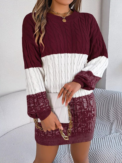 Color Block Cable Knit Sweater Dress with Textured Pattern - MegaSuperStar