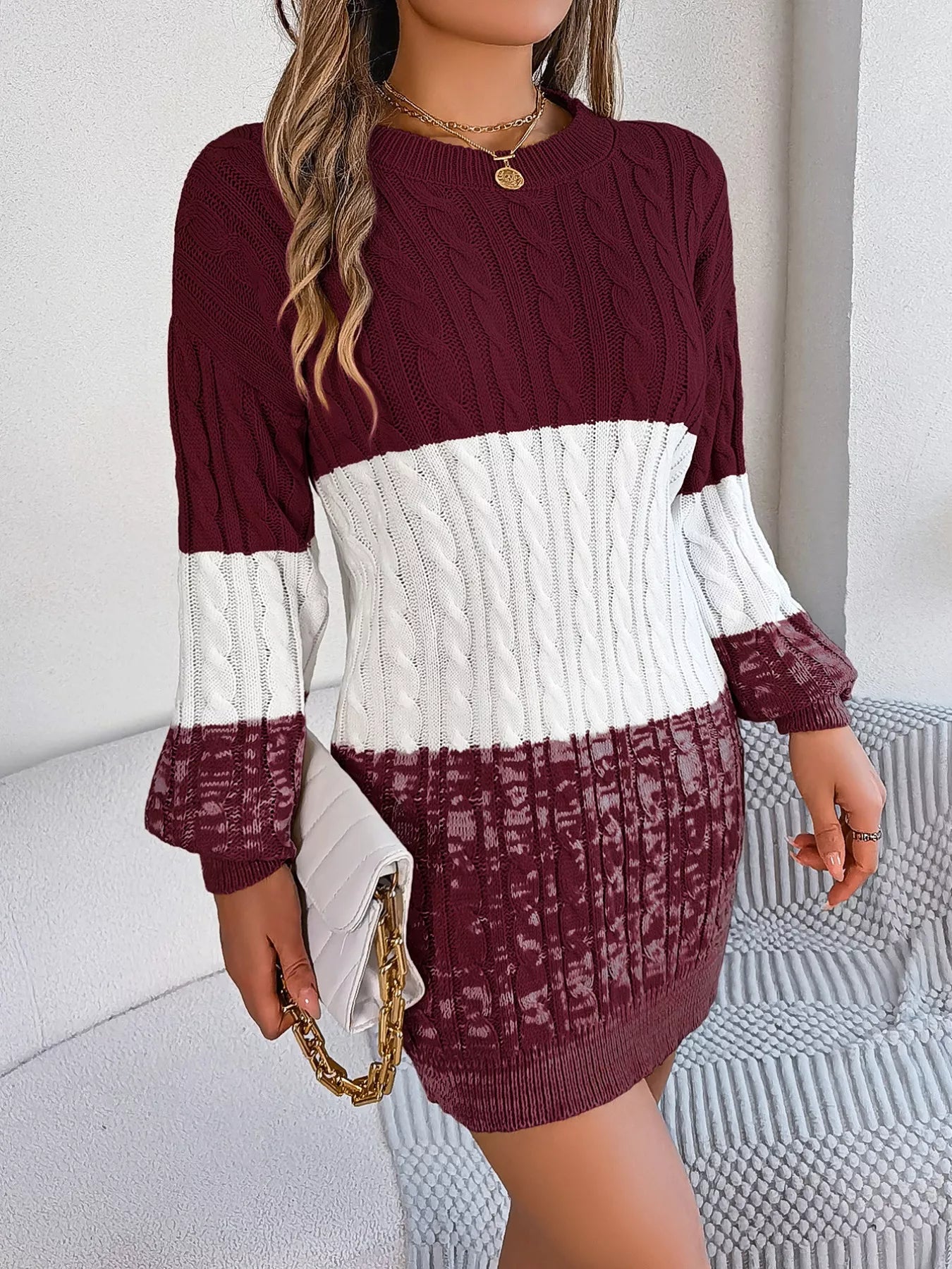 Color Block Cable Knit Sweater Dress with Textured Pattern - MegaSuperStar