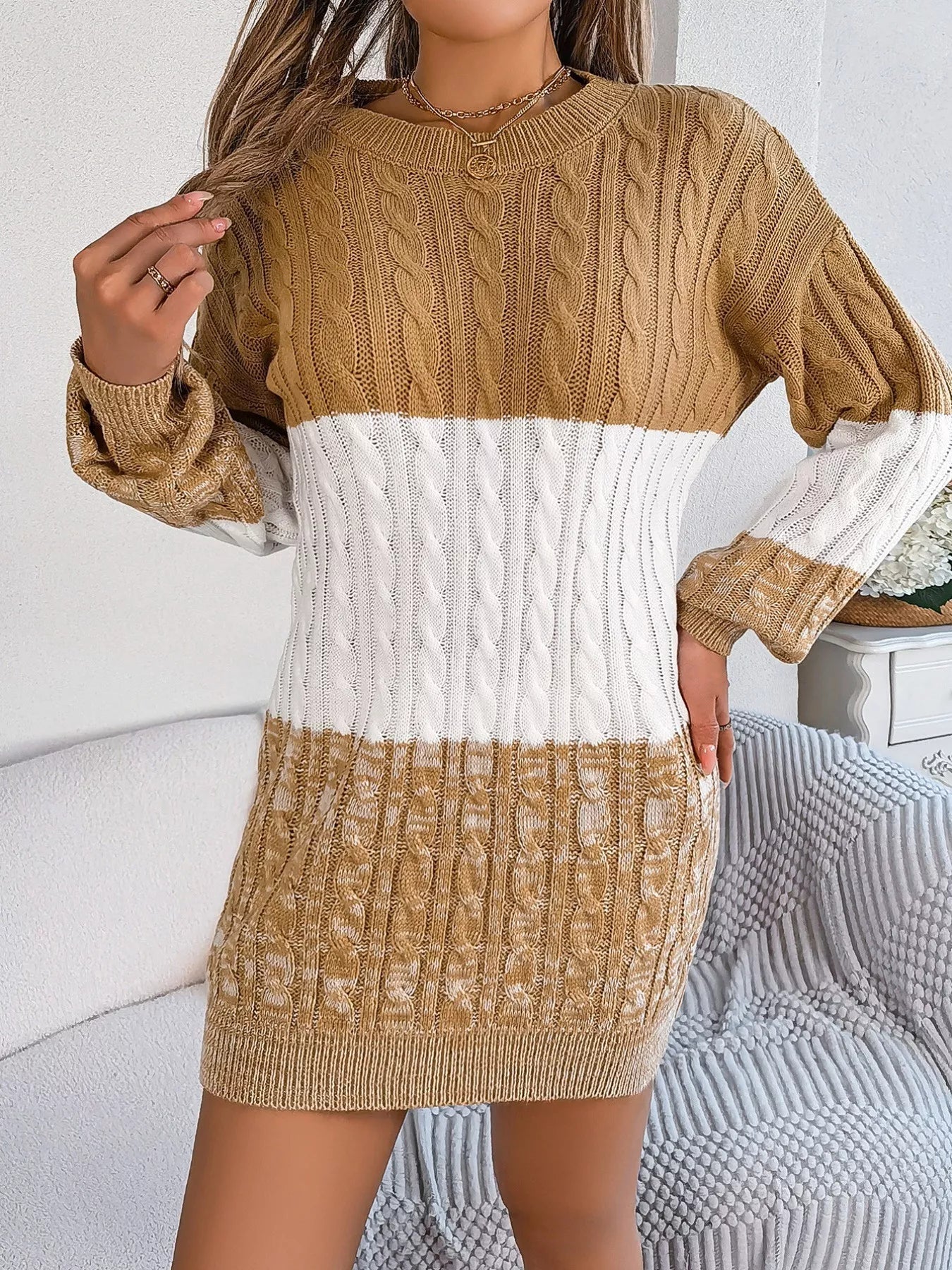 Color Block Cable Knit Sweater Dress with Textured Pattern - MegaSuperStar