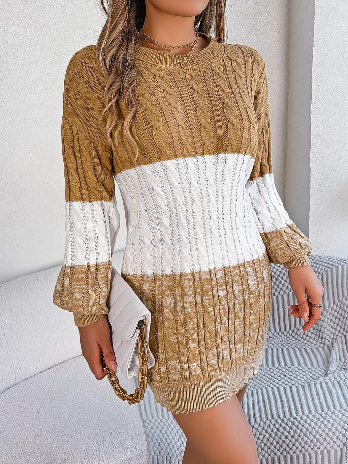 Color Block Cable Knit Sweater Dress with Textured Pattern - MegaSuperStar