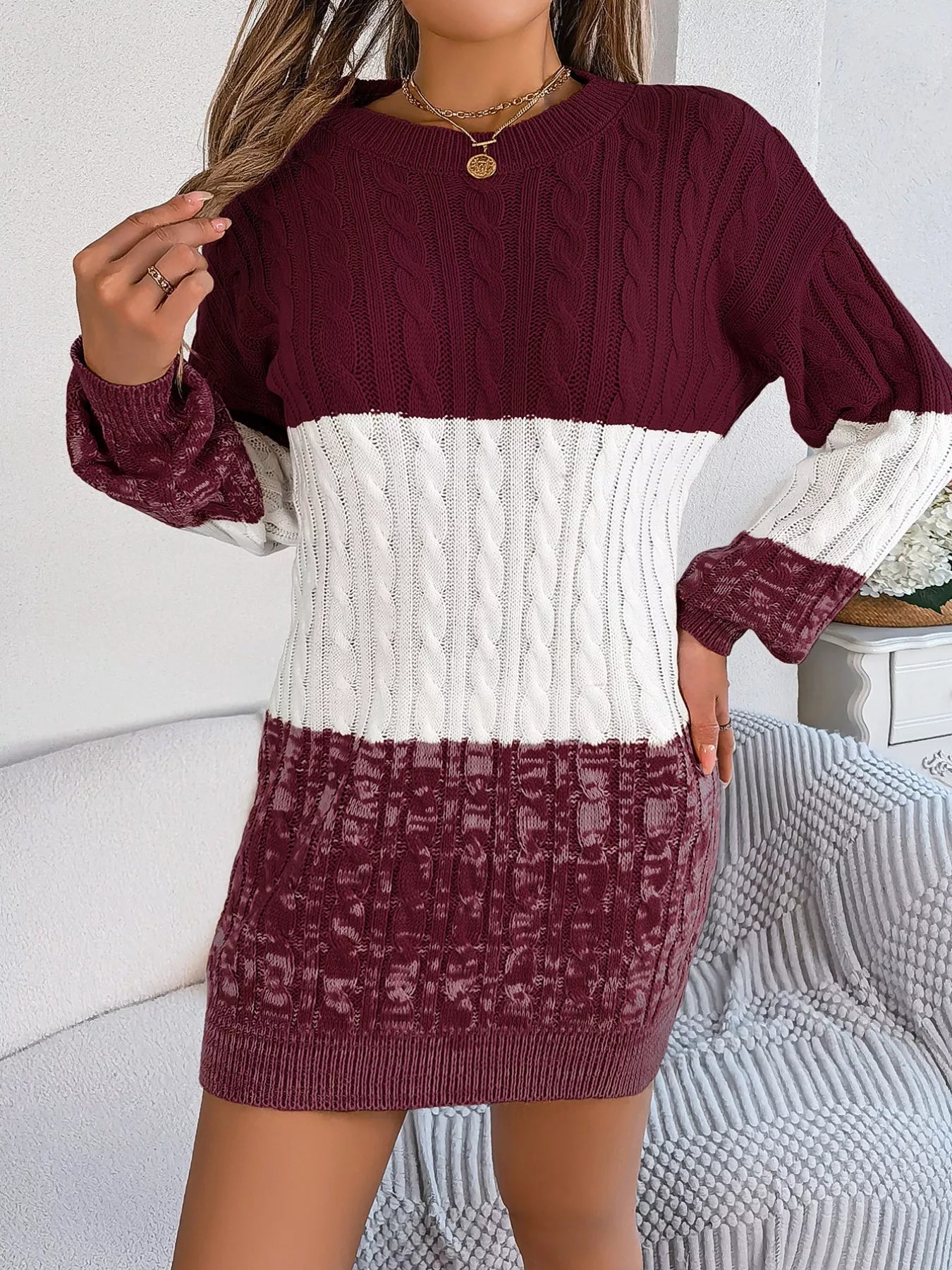 Color Block Cable Knit Sweater Dress with Textured Pattern - MegaSuperStar