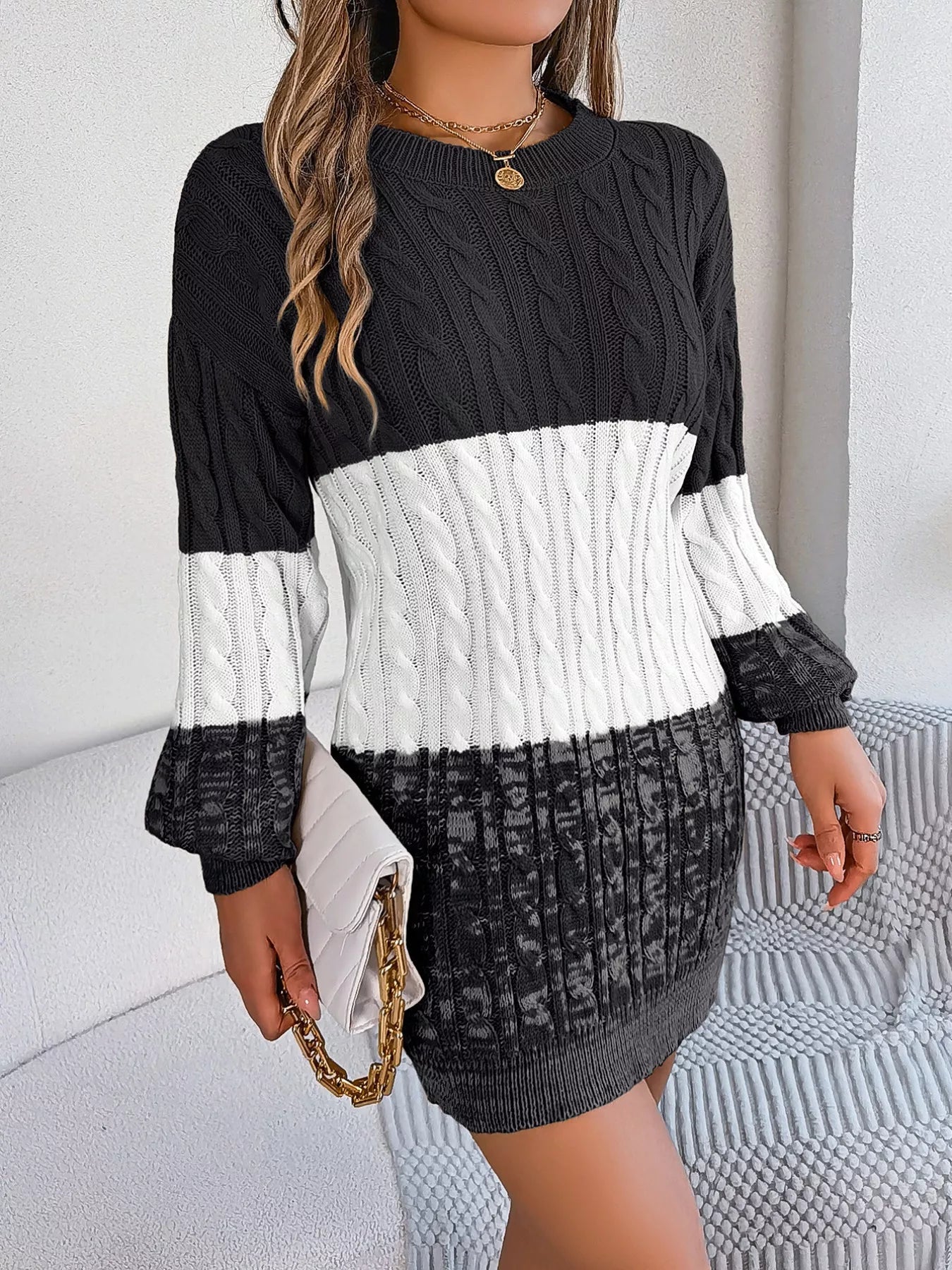 Color Block Cable Knit Sweater Dress with Textured Pattern - MegaSuperStar