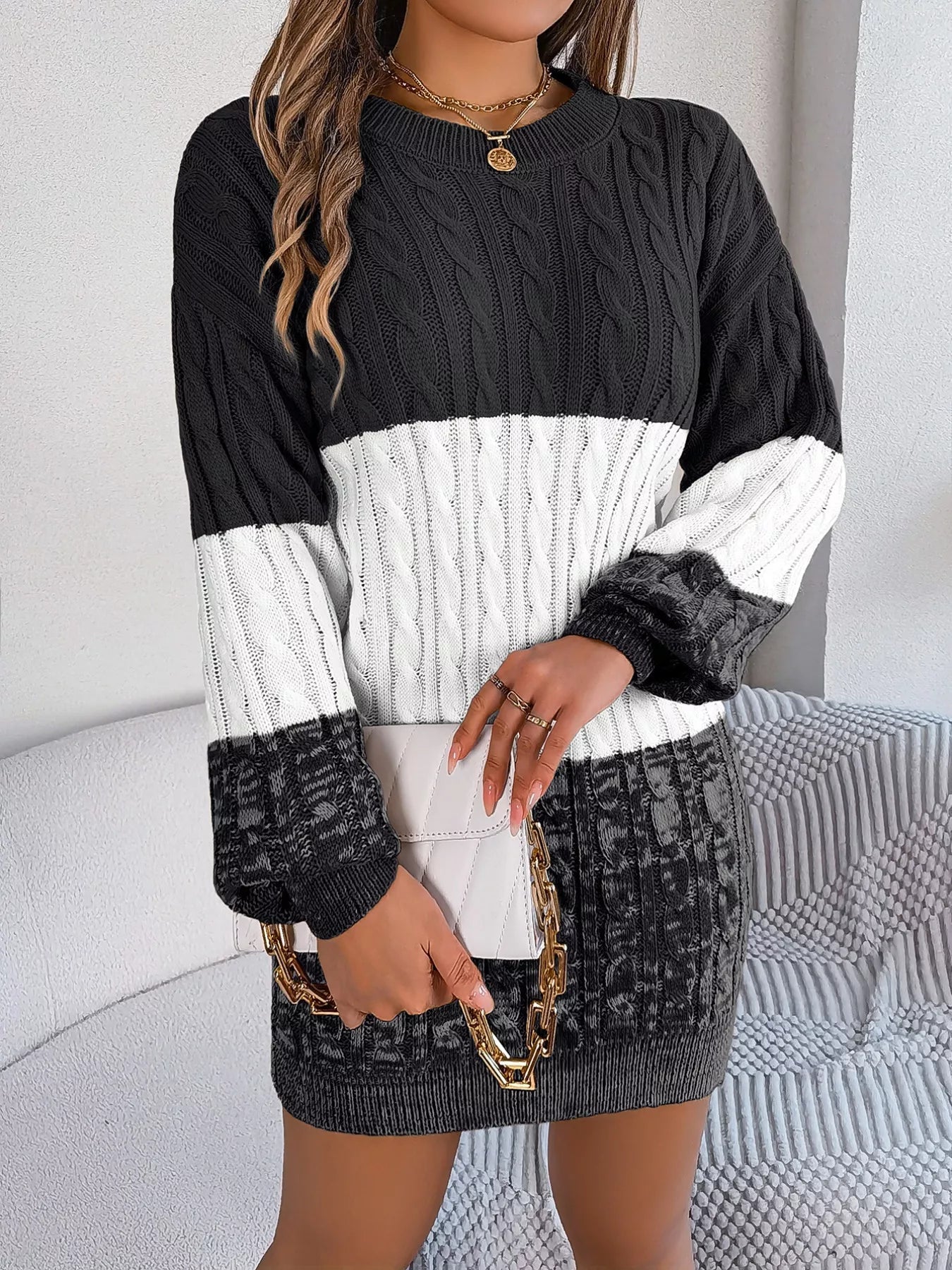 Color Block Cable Knit Sweater Dress with Textured Pattern - MegaSuperStar