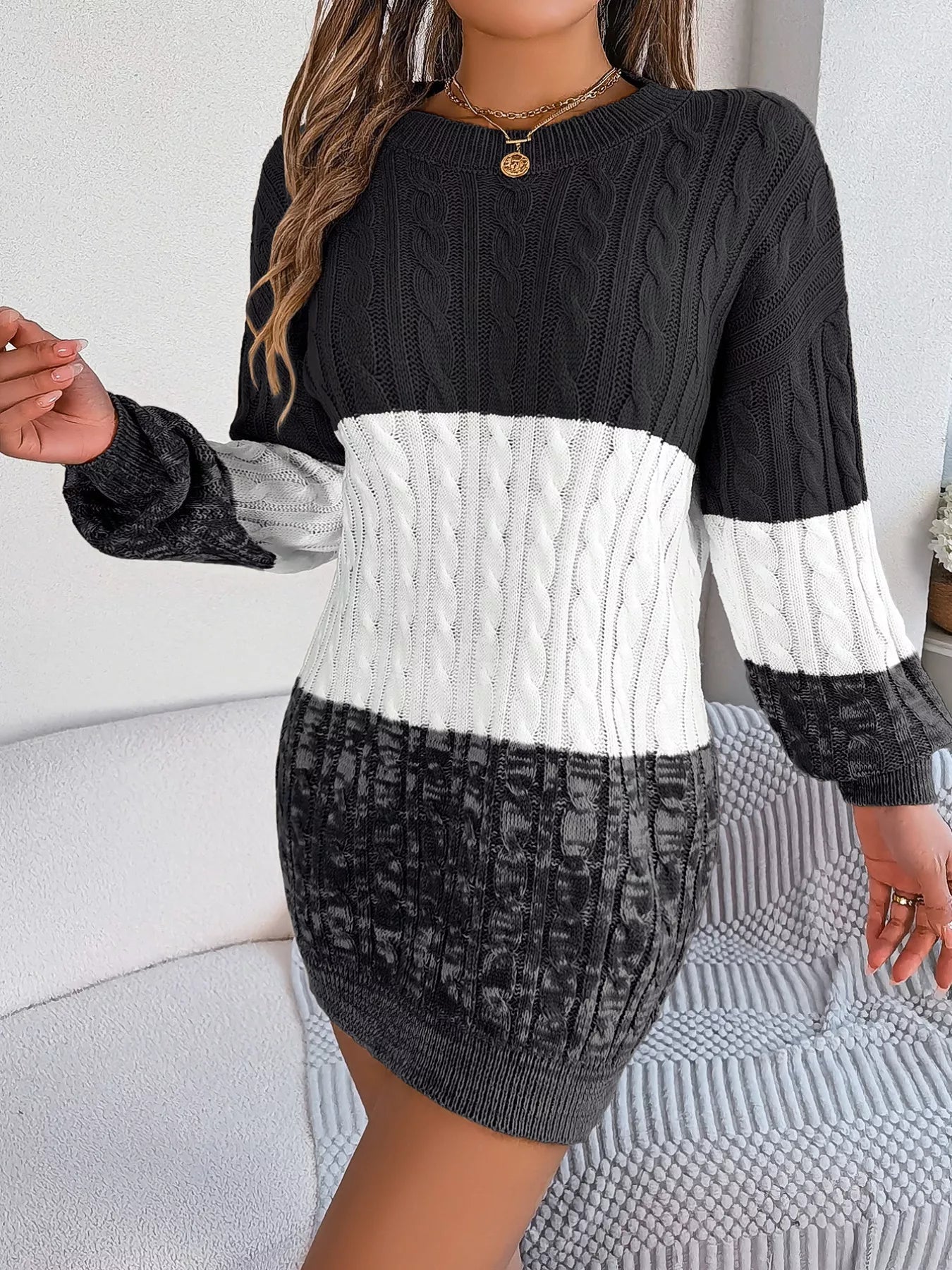 Color Block Cable Knit Sweater Dress with Textured Pattern - MegaSuperStar