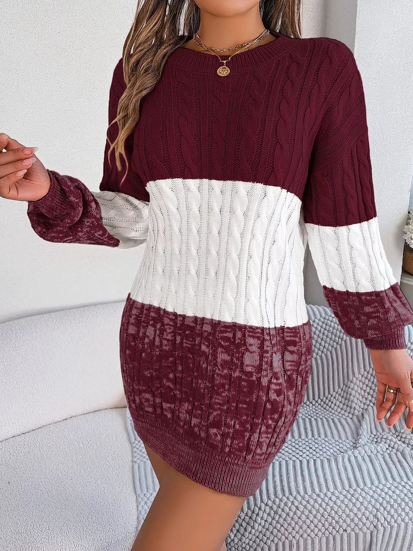 Color Block Cable Knit Sweater Dress with Textured Pattern - MegaSuperStar