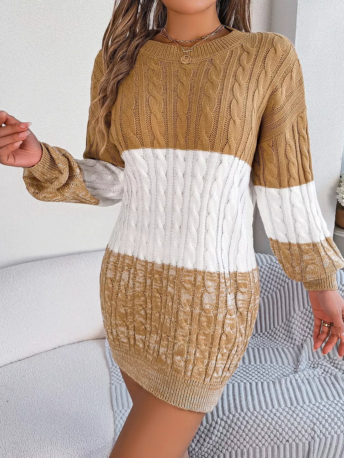 Color Block Cable Knit Sweater Dress with Textured Pattern - MegaSuperStar