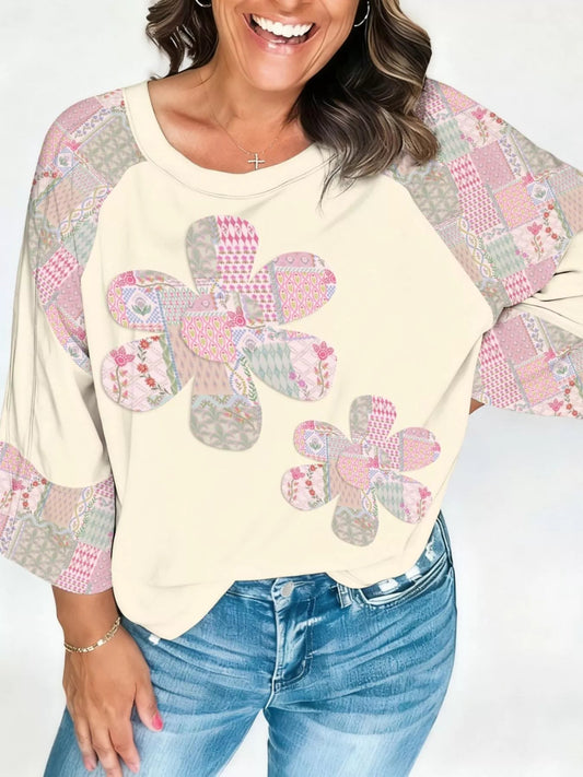 Color Block Retro Floral Patchwork Long Sleeve Top - MegaSuperStar