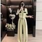 Contrast Zip Up Top and Wide - Leg Pants Set - MegaSuperStar