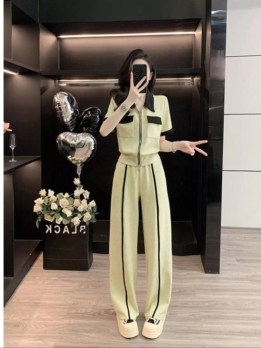 Contrast Zip Up Top and Wide - Leg Pants Set - MegaSuperStar