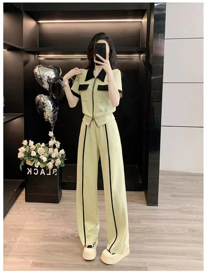 Contrast Zip Up Top and Wide - Leg Pants Set - MegaSuperStar