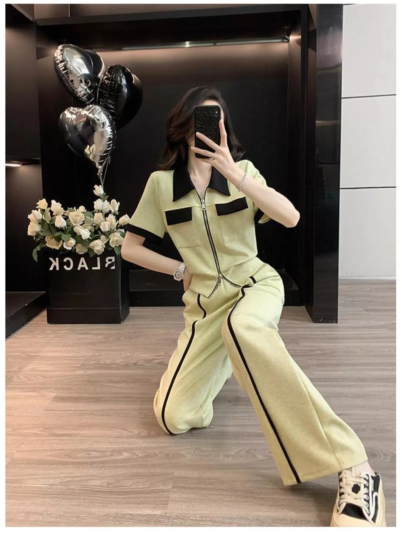 Contrast Zip Up Top and Wide - Leg Pants Set - MegaSuperStar