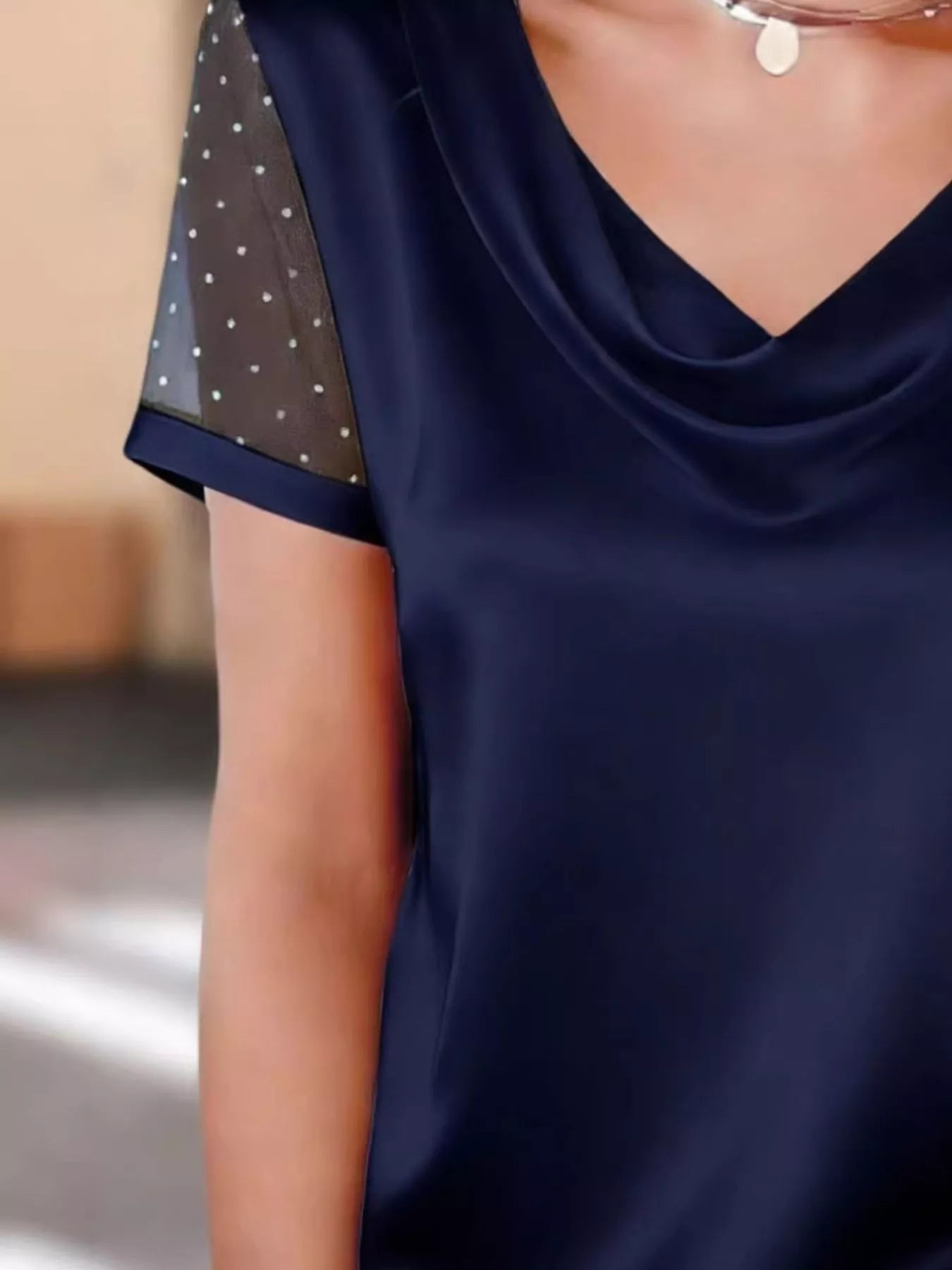 Cowl Neck Polka Dot Short Sleeve Top - MegaSuperStar