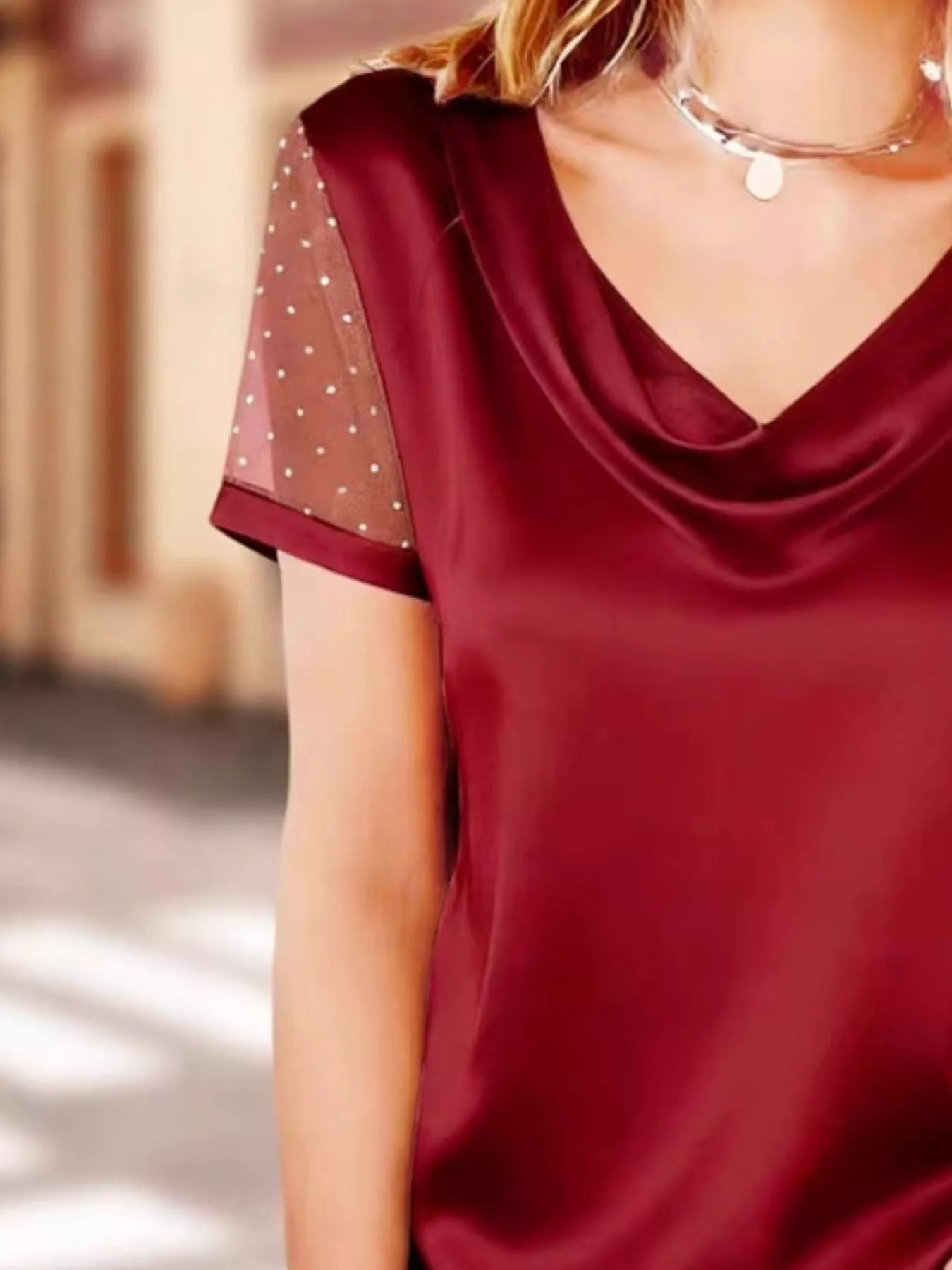Cowl Neck Polka Dot Short Sleeve Top - MegaSuperStar