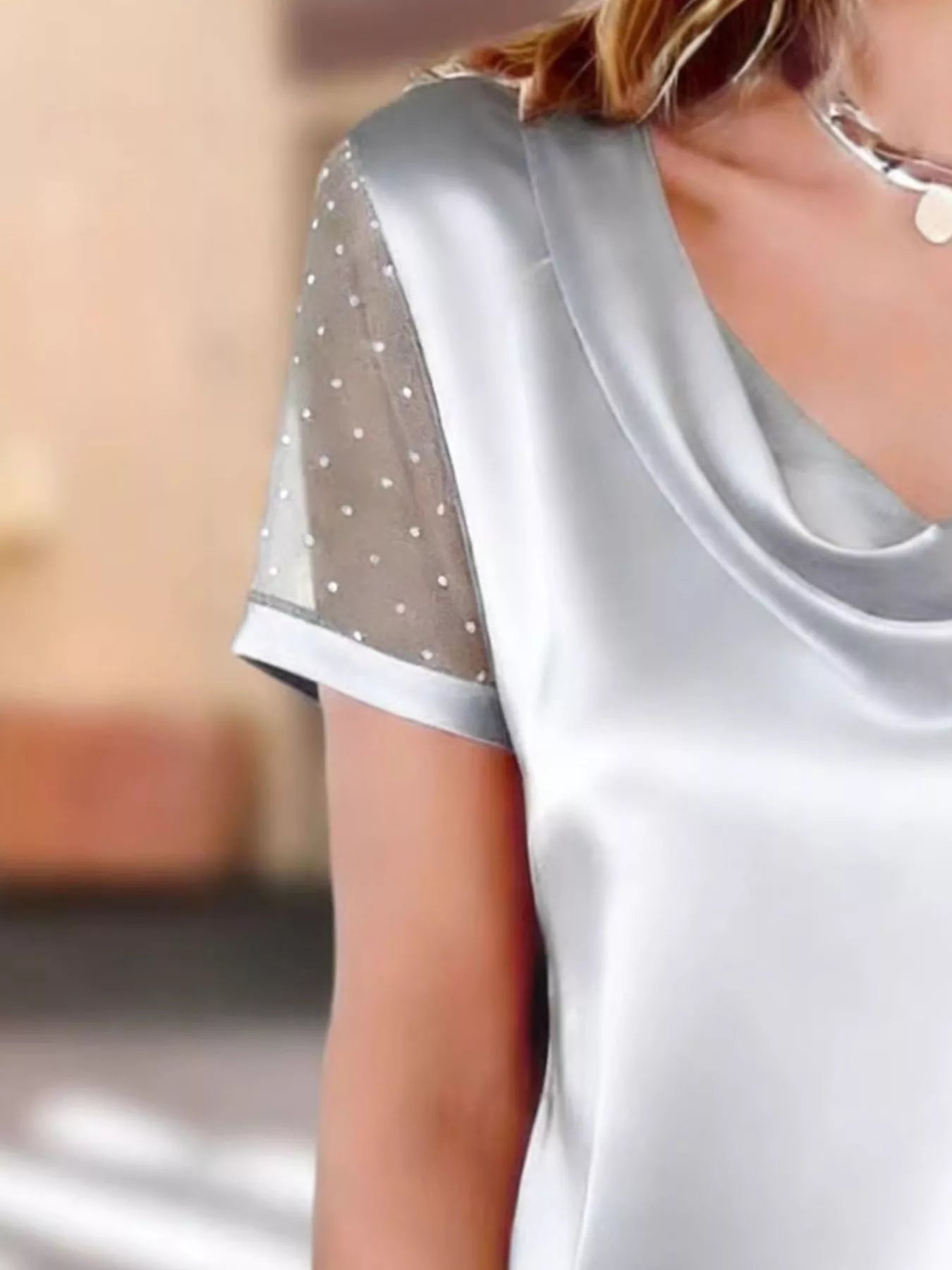 Cowl Neck Polka Dot Short Sleeve Top - MegaSuperStar