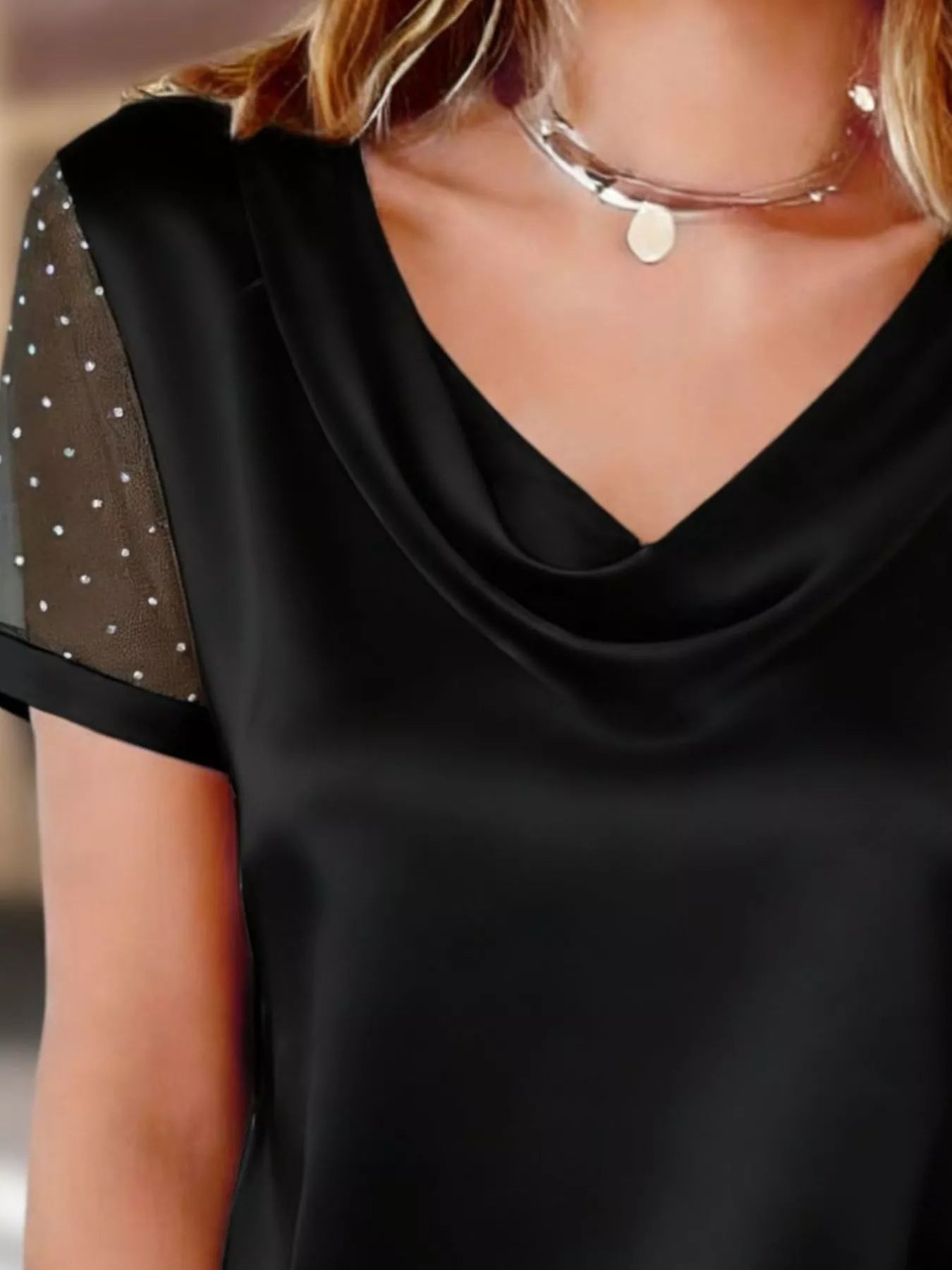 Cowl Neck Polka Dot Short Sleeve Top - MegaSuperStar