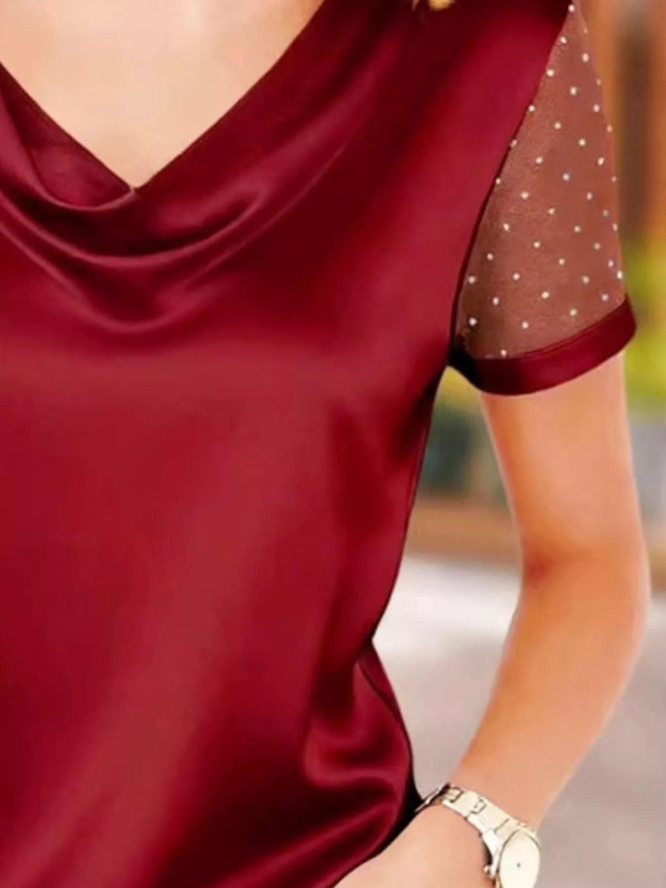 Cowl Neck Polka Dot Short Sleeve Top - MegaSuperStar
