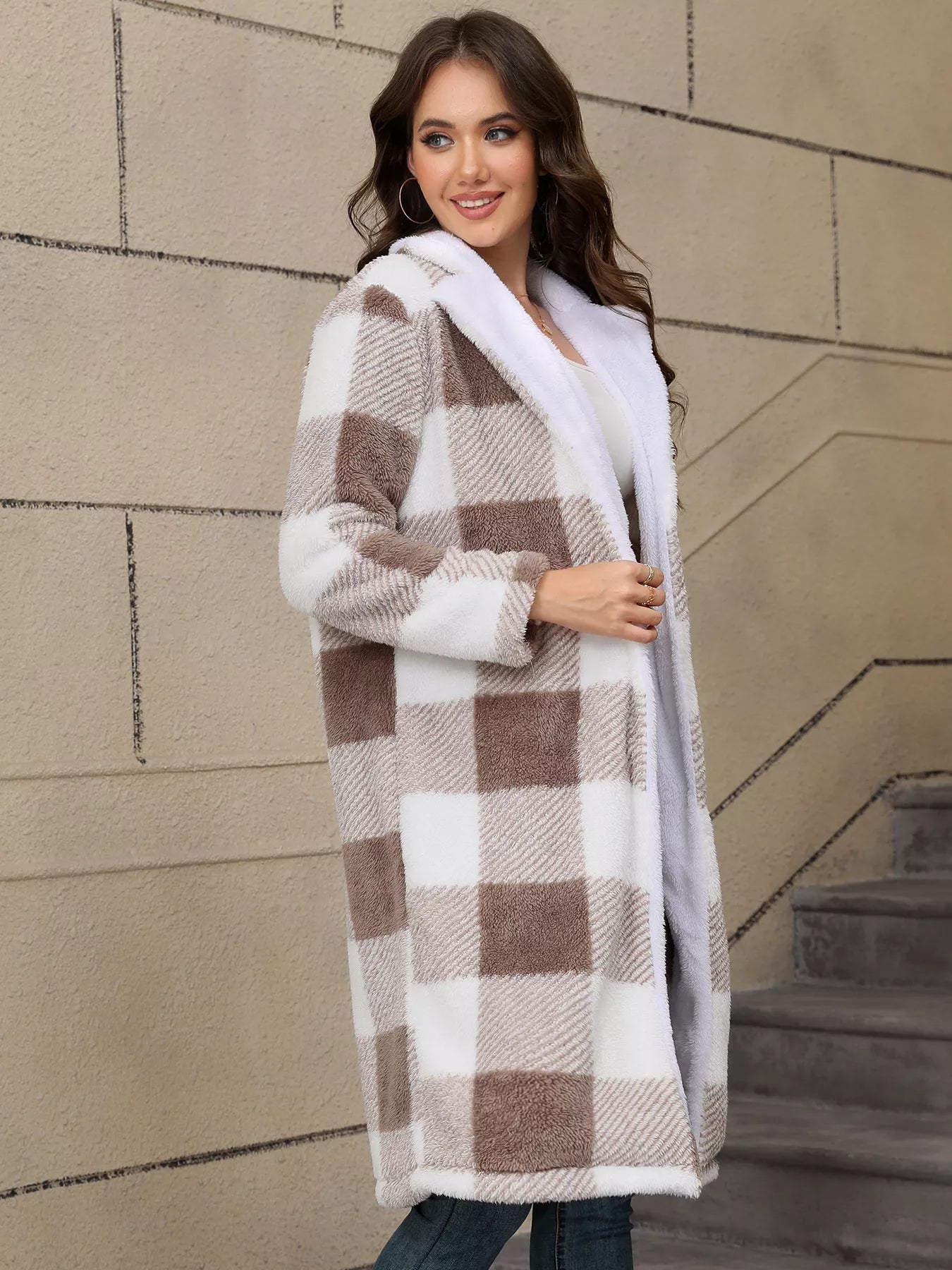 Cozy Plaid Fleece Longline Winter Coat - MegaSuperStar