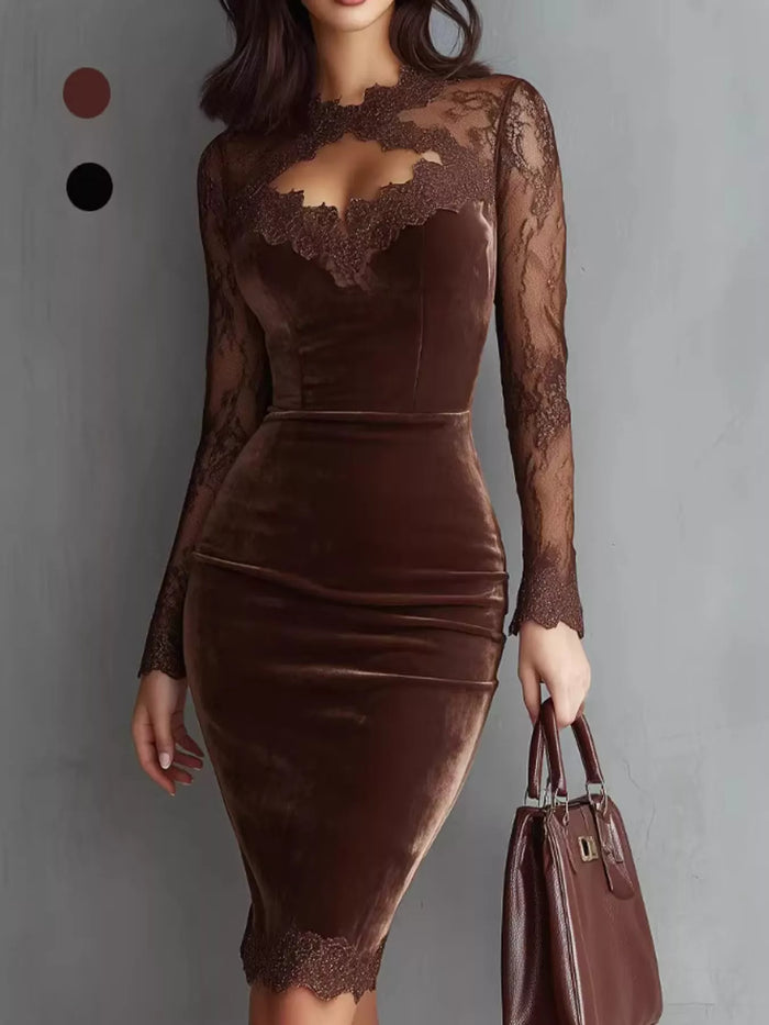 Long-Sleeve Velvet Lace Bodycon Dress