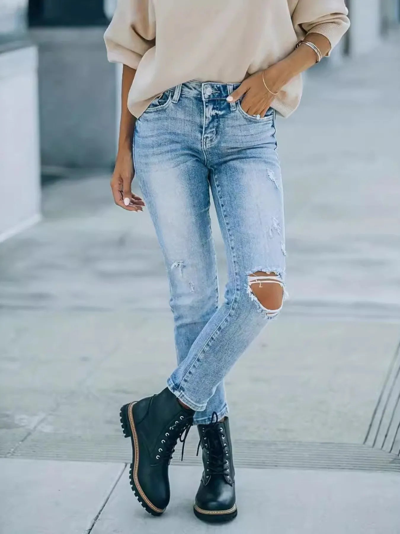 Distressed High Waist Jeans - MegaSuperStar