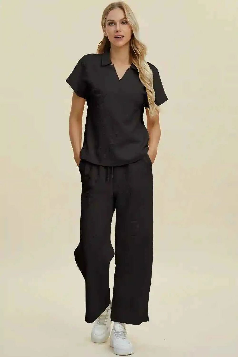 Double Take Full Size Collared Neck Short Sleeve Top and Pants Set - MegaSuperStar