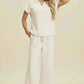 Double Take Full Size Collared Neck Short Sleeve Top and Pants Set - MegaSuperStar